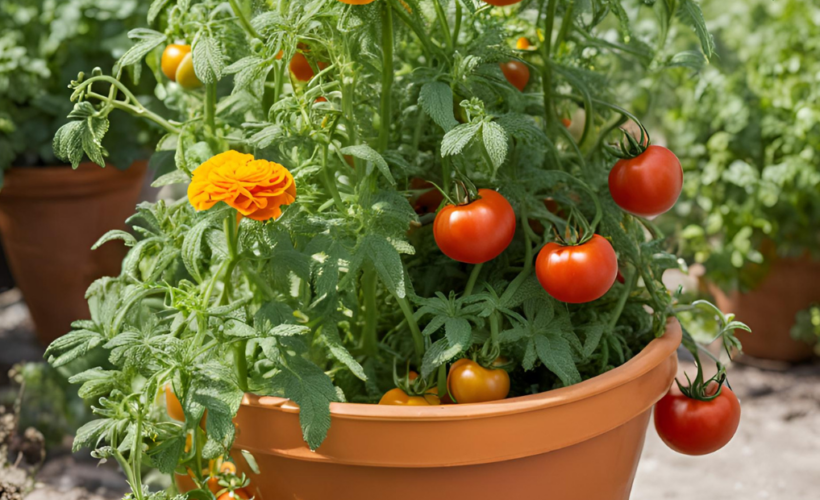 tomatoes and marigolds growing in a container together